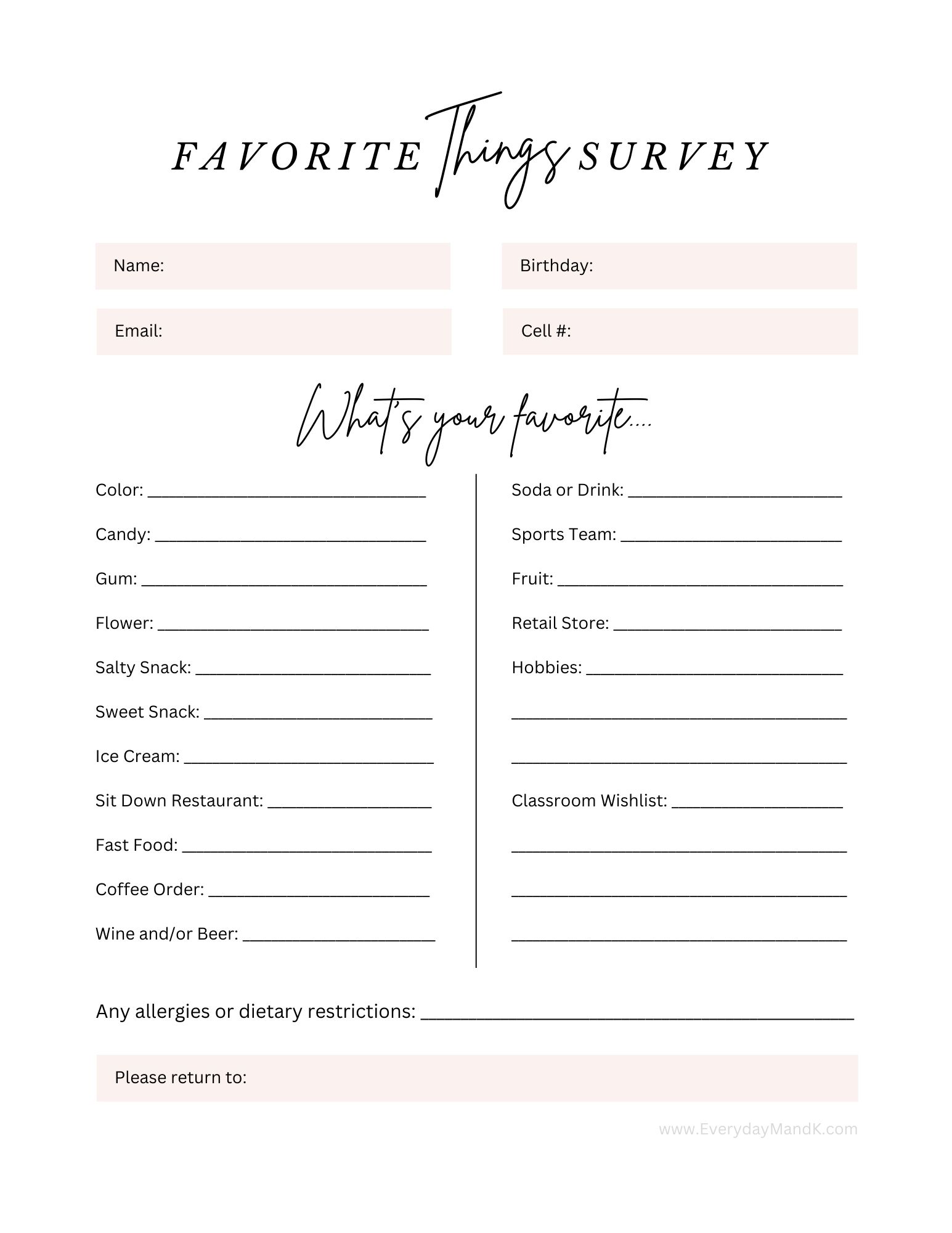 This Teacher 'Favorite Things' Survey is a great tool for parents and PTOs!