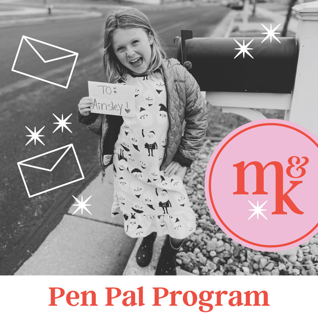 pen pal program with free printable and ideas and a little girl standing outside by the mail box to put her pen pal letter in the mailbox