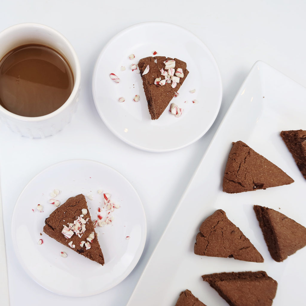 gluten free peppermint mocha scones on a platter and coffee